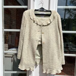 CHANEL 1999 Vintage Ruffle Neck Tweed Skirt Suit